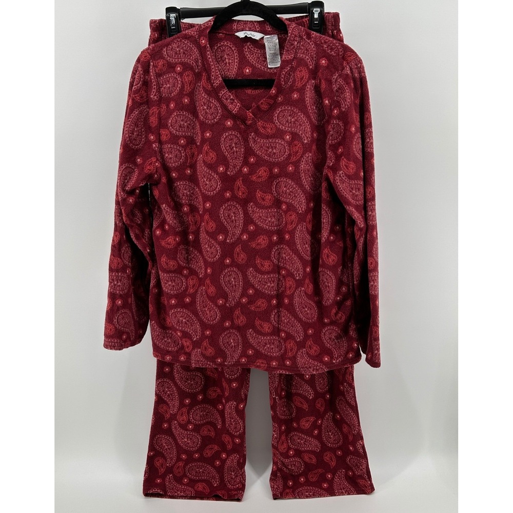 Mayfair Womens Pajama Set Fleece Red White Paisley XL Boho Valentine Sleepwear